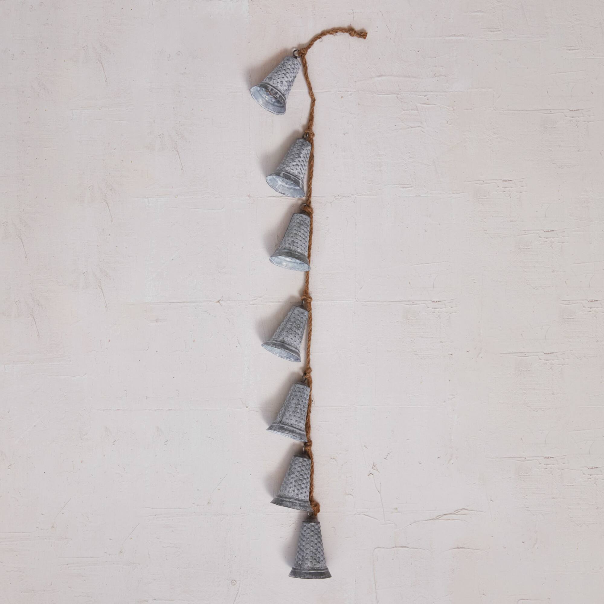 Hello Honey® 36.25" Silver Hanging Galvanized Metal Bells on Jute Rope
